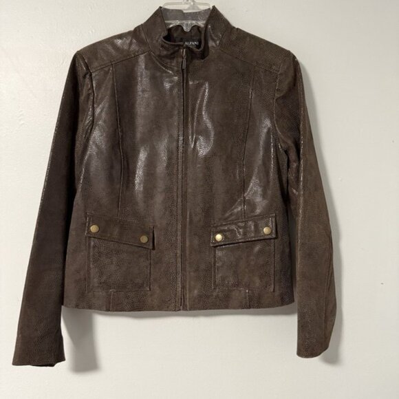 Alfani Women's Leather Jacket Brown Snake Textured Lined Medium M Petite MP - Picture 1 of 11